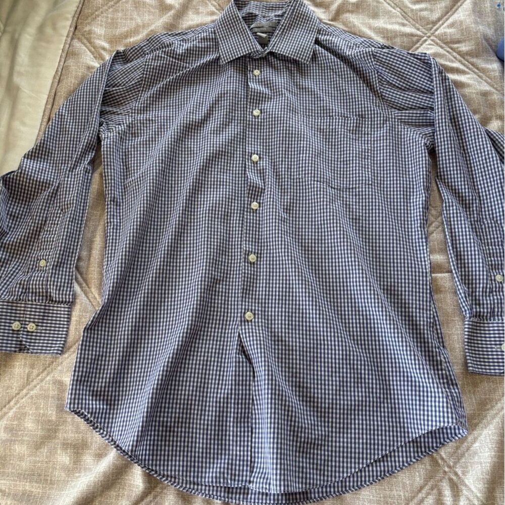 Van Heusen: Fitted Gingham Check Dress Shirt Blue/White Men's Size 15.5 32/33